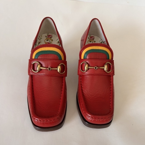 GUCCI Women's Red Leather Heeled Horsebit Loafers Size 8.5 (US) NIB 475657 - Picture 3 of 9
